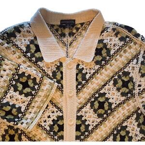 Morsecode Men's Crochet Knit Sweater Shirt Green & Cream Granny Squares sz M